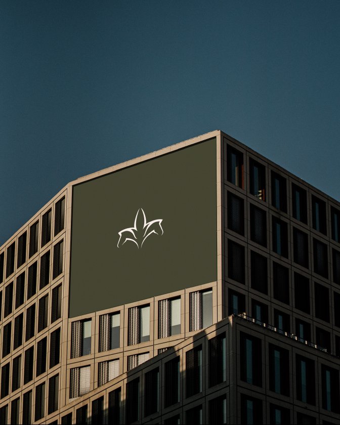 Poster mockup — the tulip logo embossed across a modern building facade