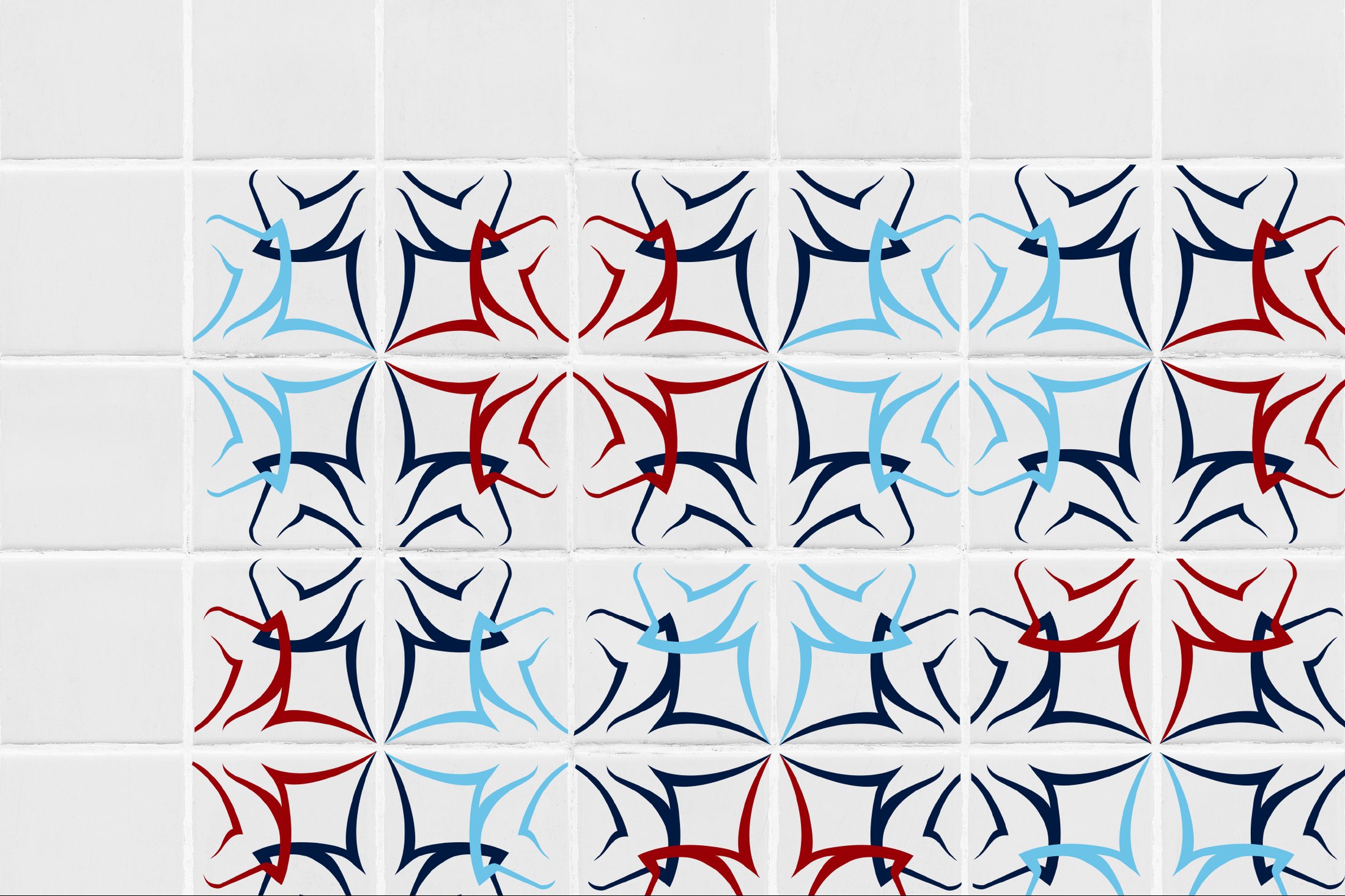 Ceramic tile pattern — interlocking red, navy and light-blue tulip motifs